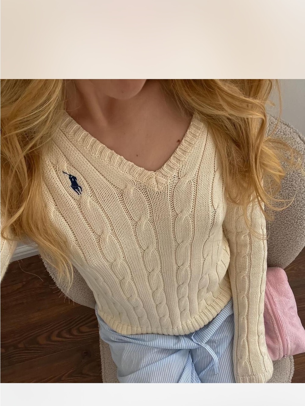 NWT Ralph Lauren Butter Yellow cotton v neck cable knit sweater size M $148 - Picture 3 of 5
